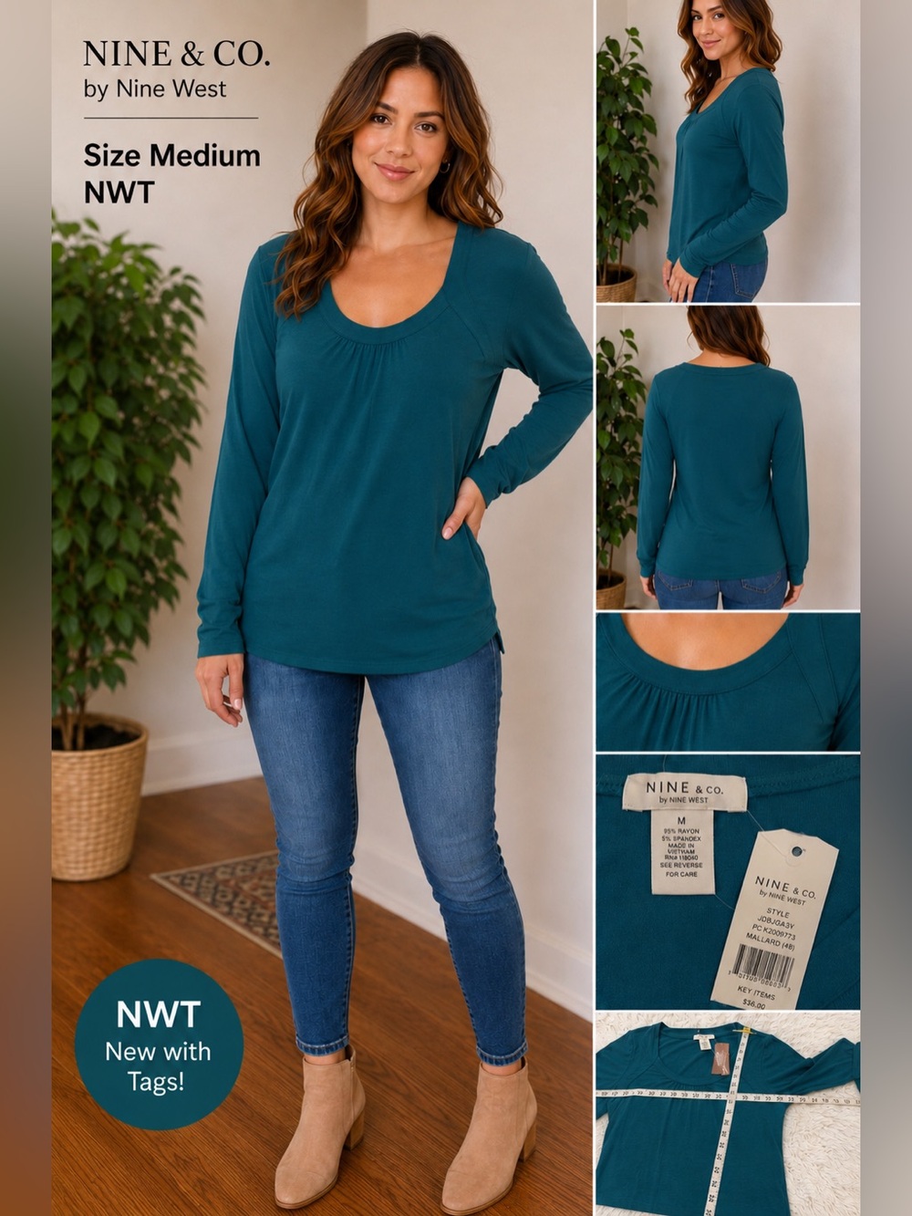 Nine & Co. by Nine West Teal Long Sleeve Scoop Neck Top NWT Size Medium